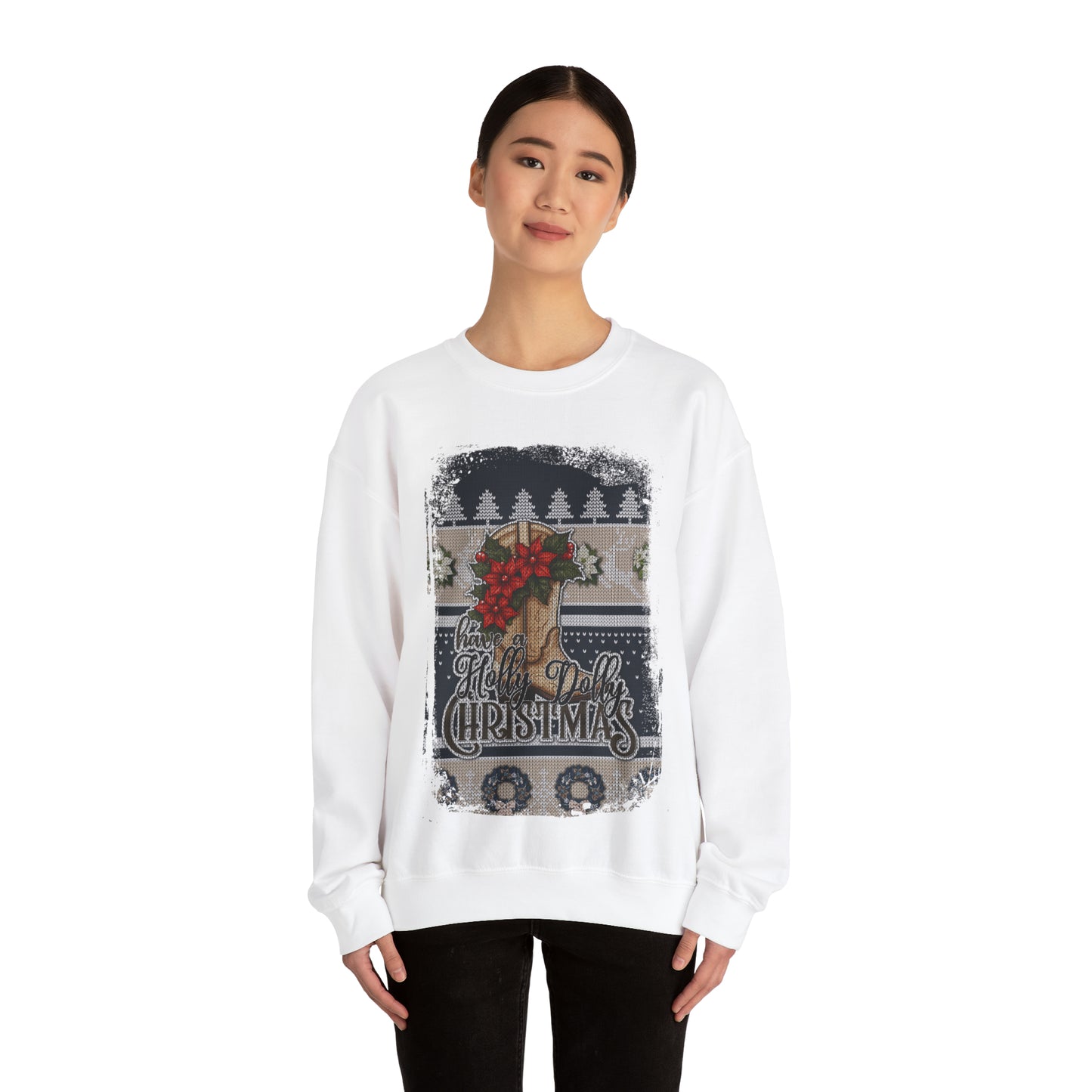 Have a Holly Dolly Christmas-Blue & Tan Ugly Christmas Sweater Sweatshirt
