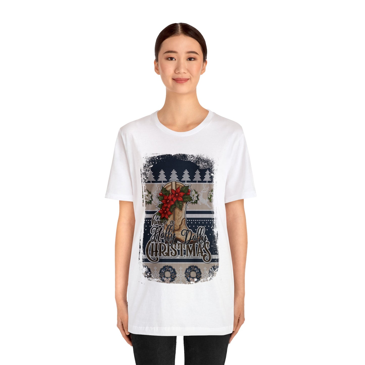 Ugly Christmas Sweater Shirt Have a Holly Dolly Christmas-Blue & Tan 13 x19 Center Print T-Shirt