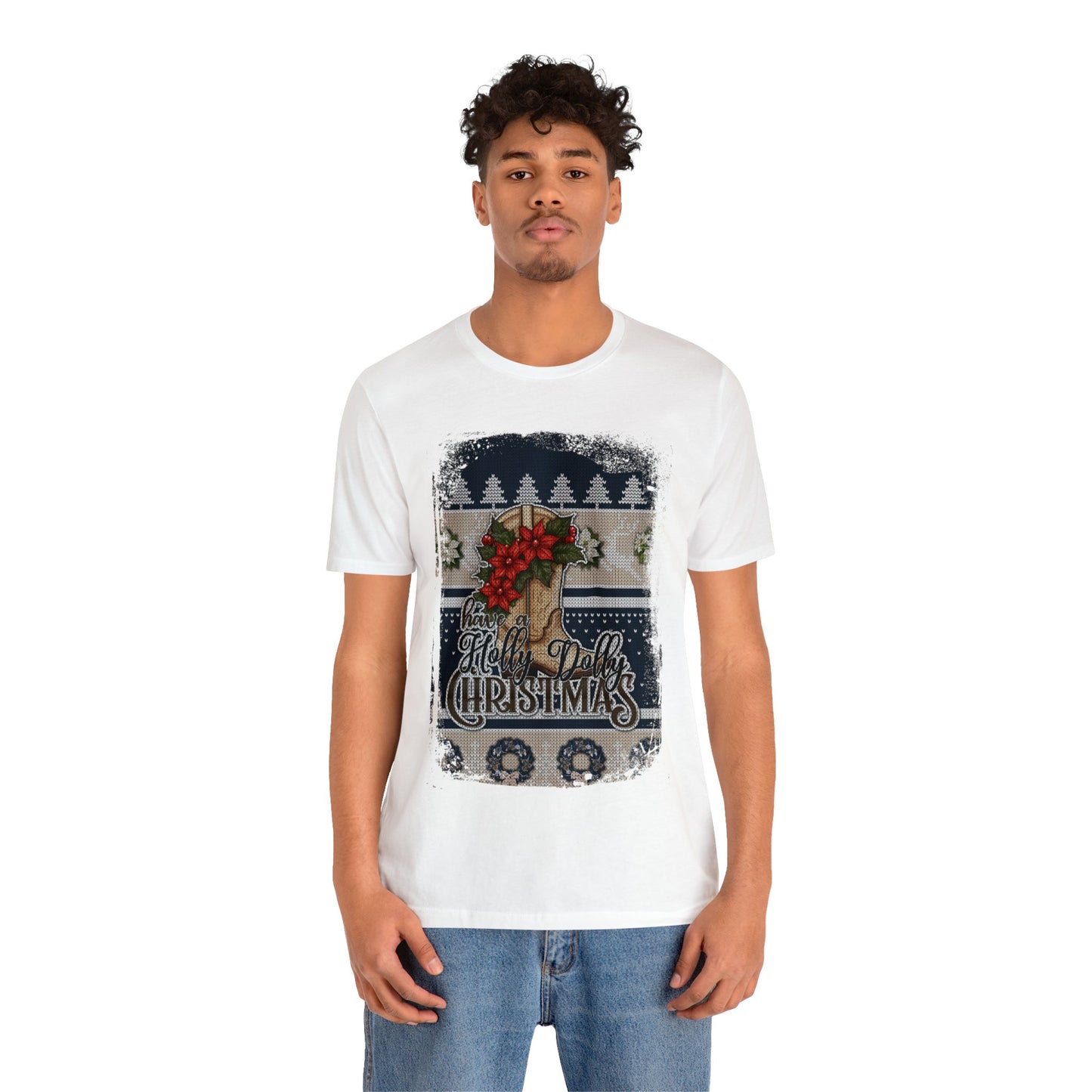 Ugly Christmas Sweater Shirt Have a Holly Dolly Christmas-Blue & Tan 13 x19 Center Print T-Shirt