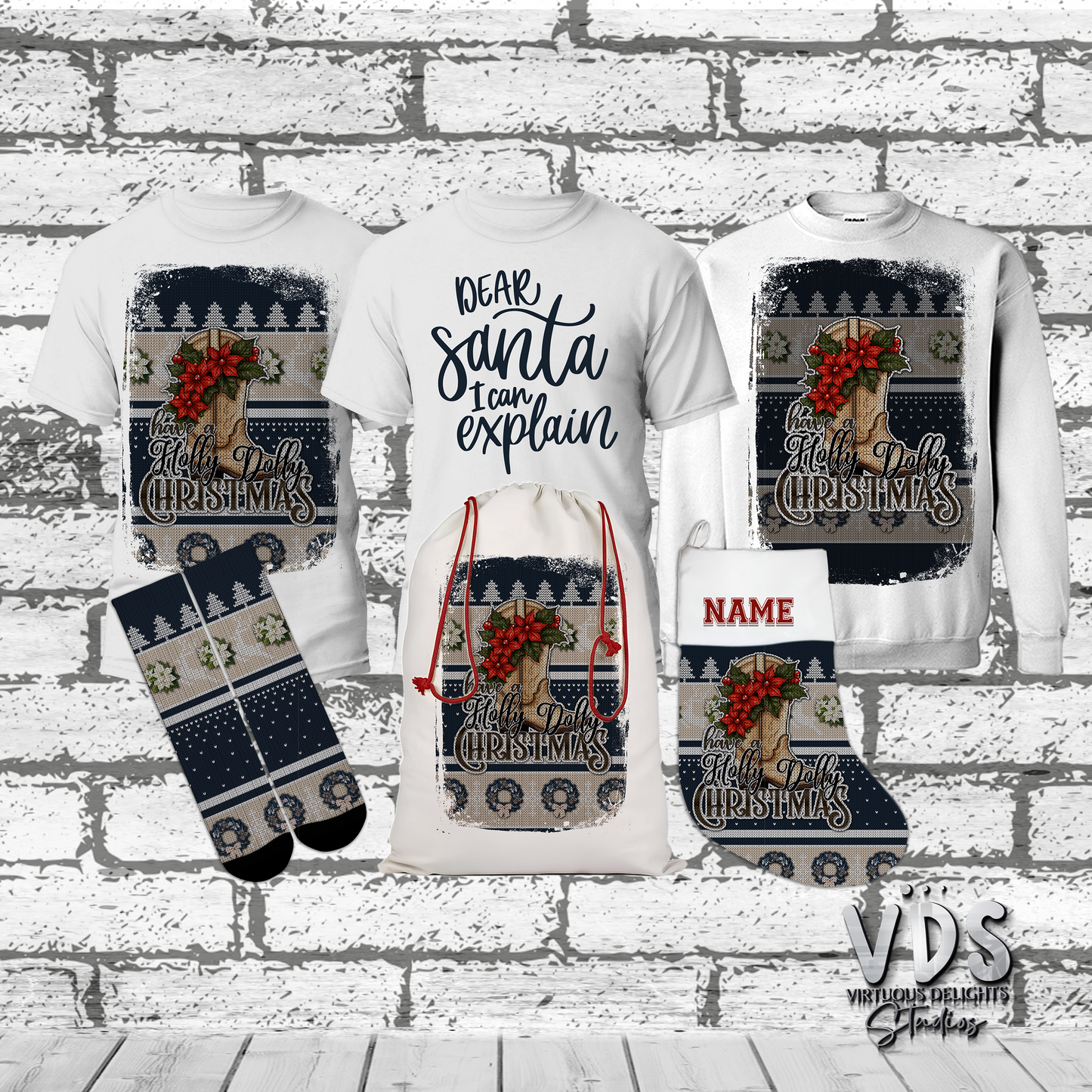 Ugly Christmas Sweater Shirt Have a Holly Dolly Christmas-Blue & Tan 13 x19 Center Print T-Shirt