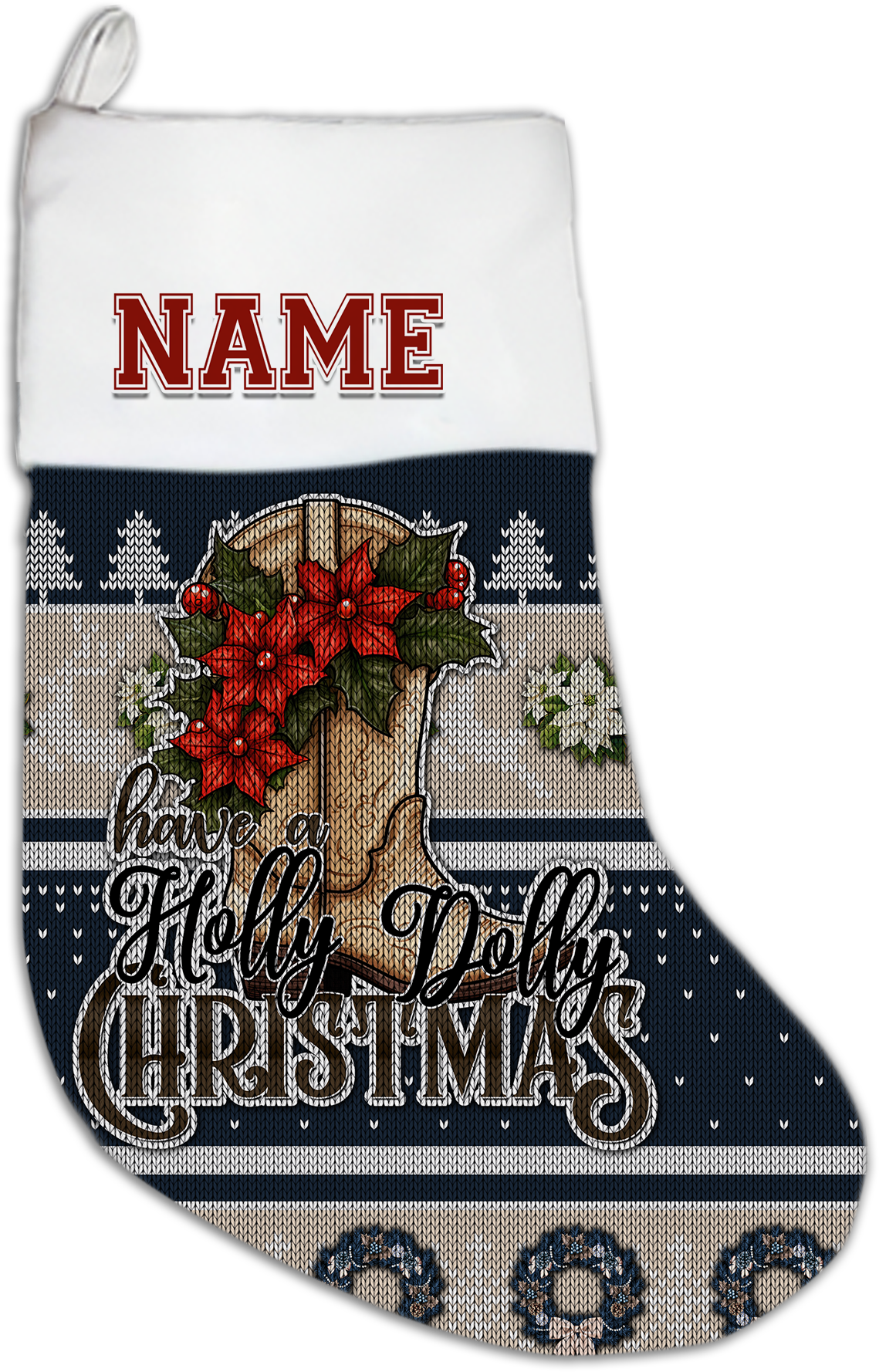 Have a Holly Dolly Christmas Personalized Christmas Stocking Blue & Tan