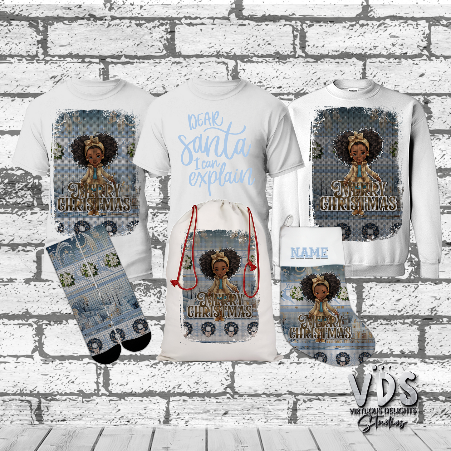 Merry Christmas Gold & Blue Girls' All Over Print Crew Neck Sweater