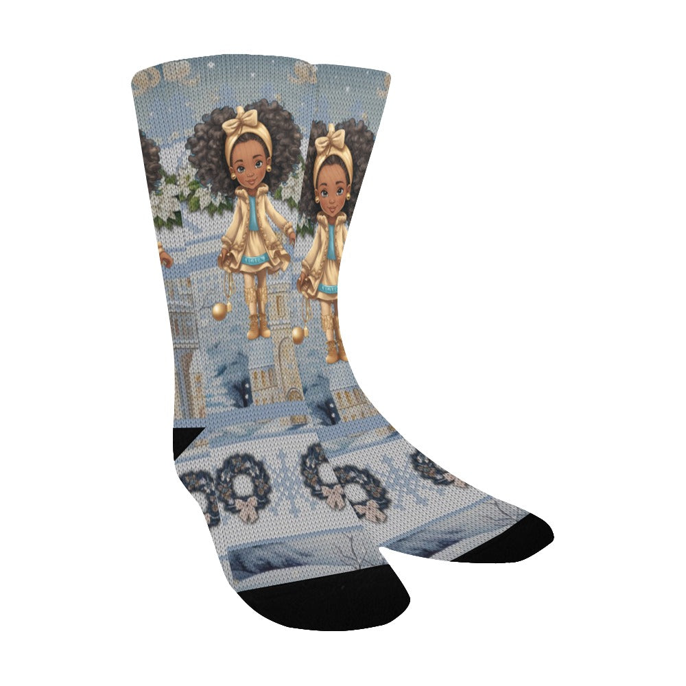 Merry Christmas Snow Princess Gold & Blue Ugly Christmas Sweater Socks