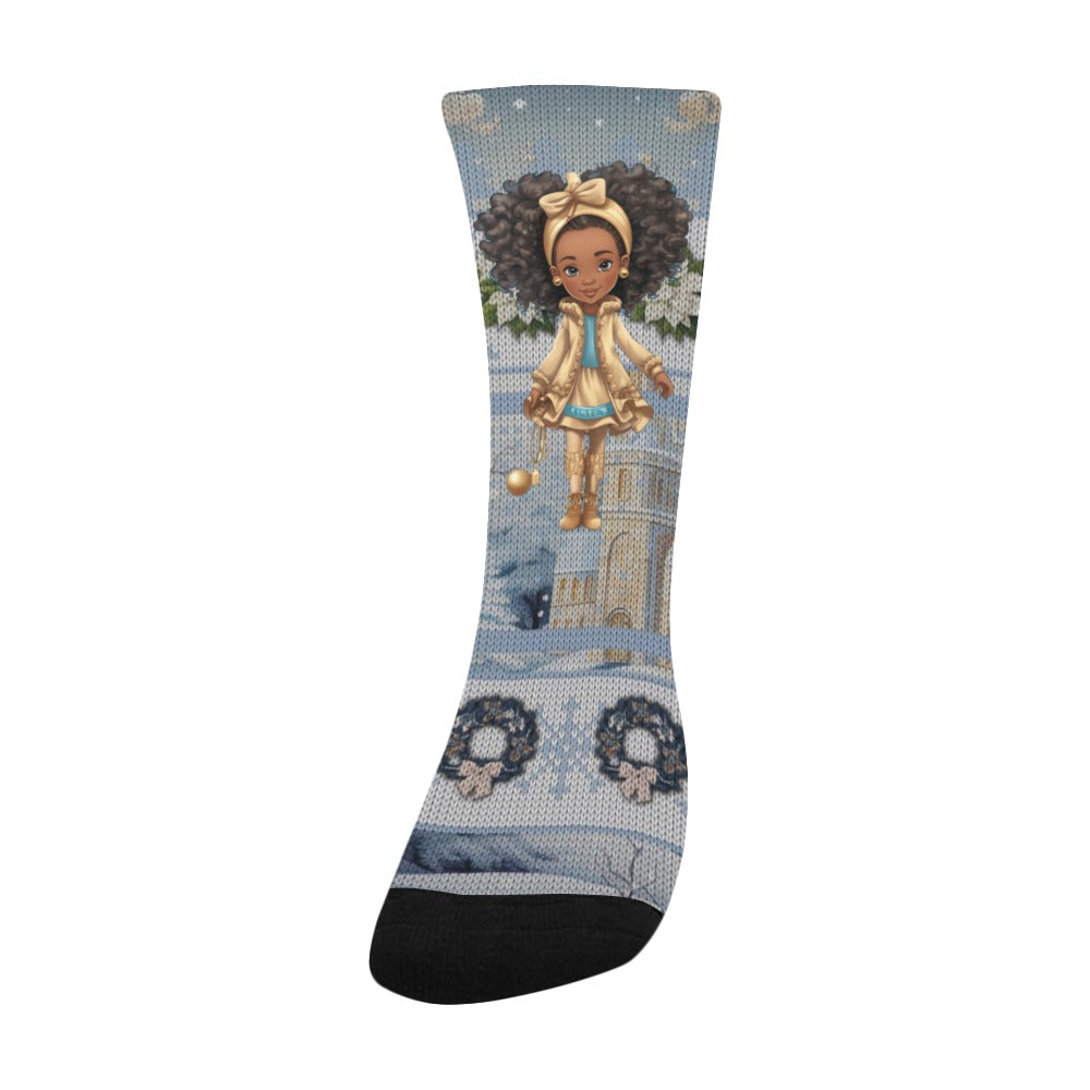 Merry Christmas Snow Princess Gold & Blue Ugly Christmas Sweater Socks