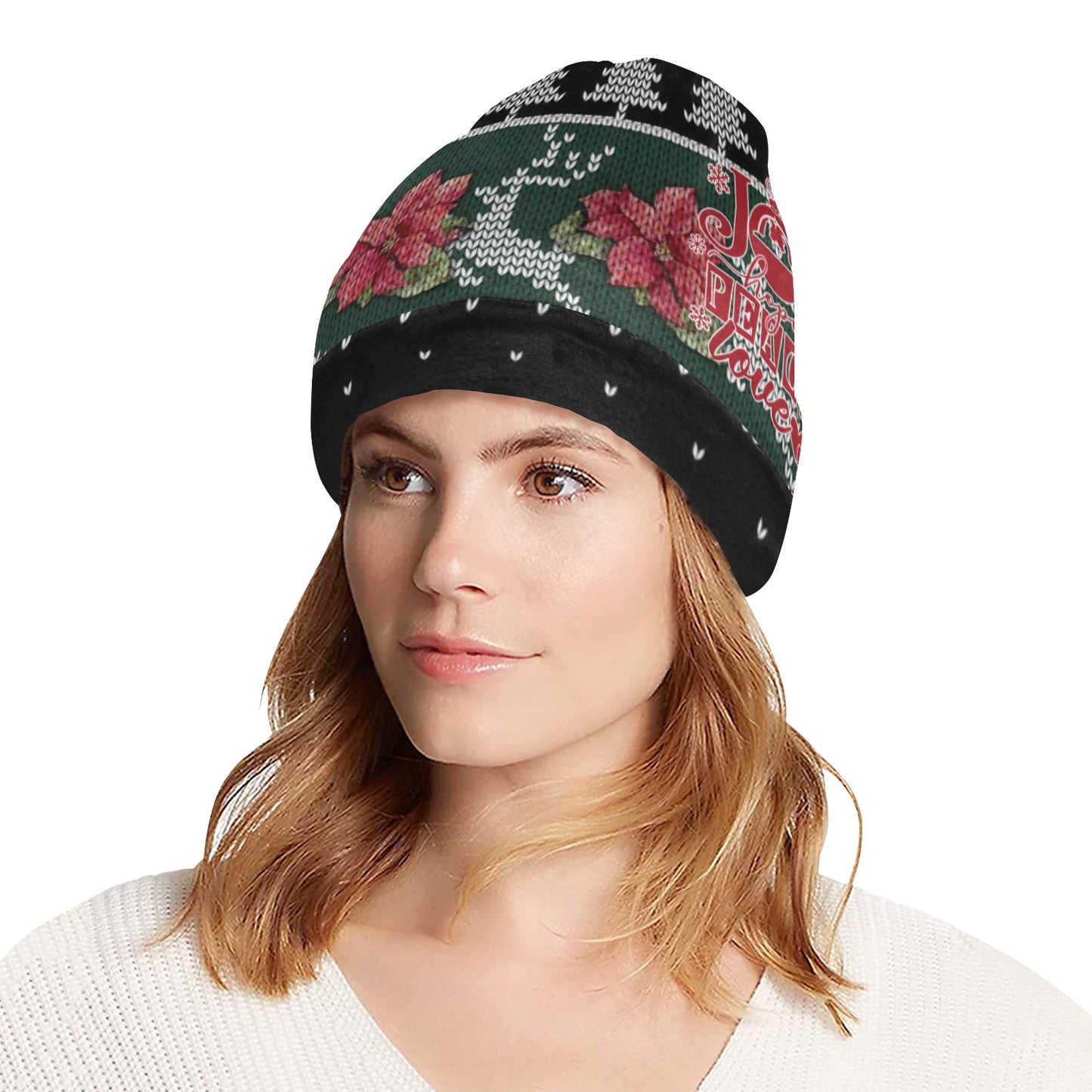 Merry Christmas Joy Hope Peace Love All Over Print Beanie for Adults