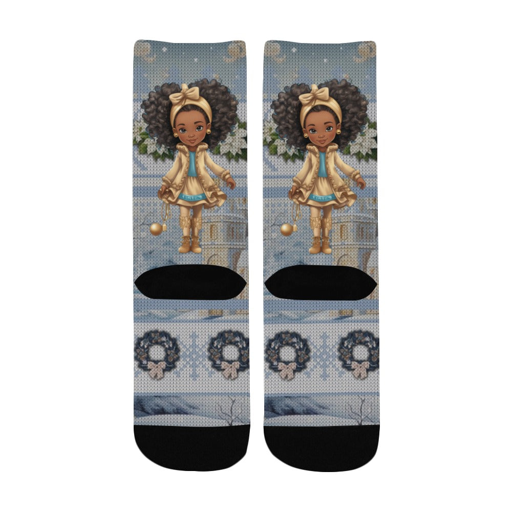 Merry Christmas Snow Princess Gold & Blue Ugly Christmas Sweater Socks
