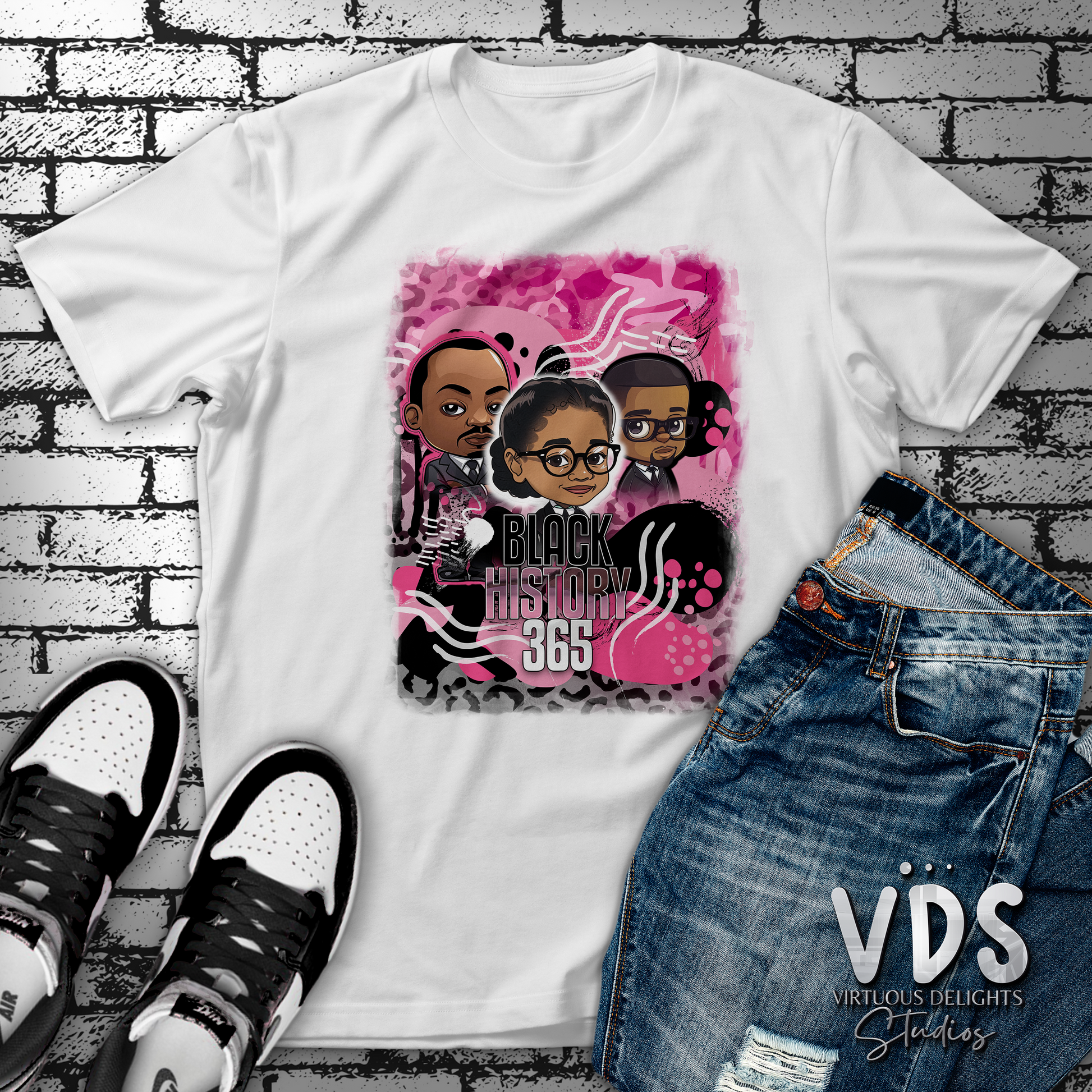 Black History 365 Cartoon Shirt-Pink & Black