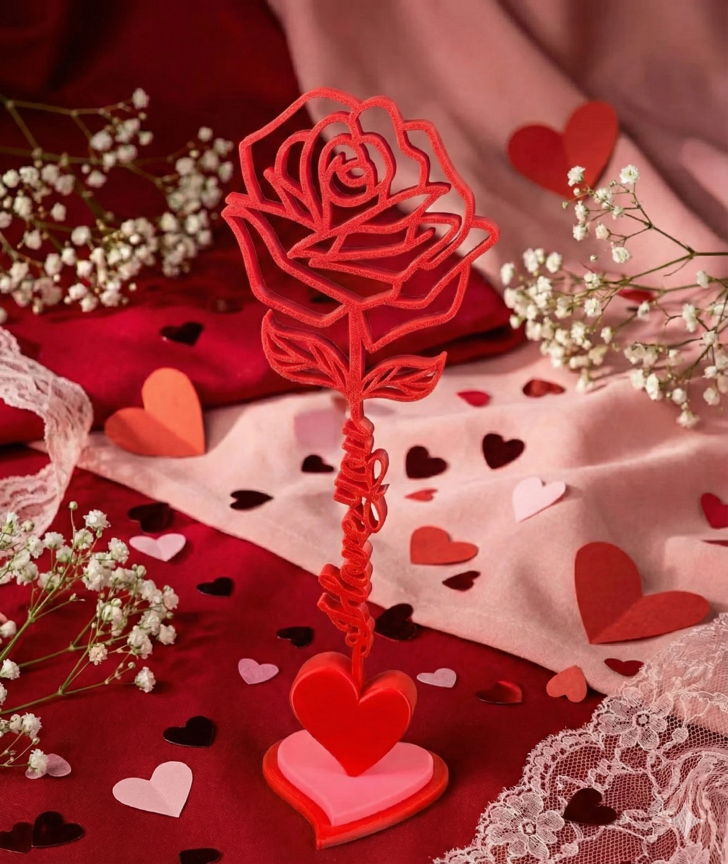 3d Printed Valentine Rose with stem I Love You