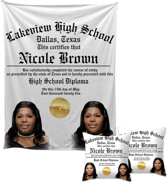 Custom Graduation Blanket & Pillow Bundle 🎓 | 50x60 Photo Throw Blanket + Diploma Pillow | Personalized Senior Gift Set