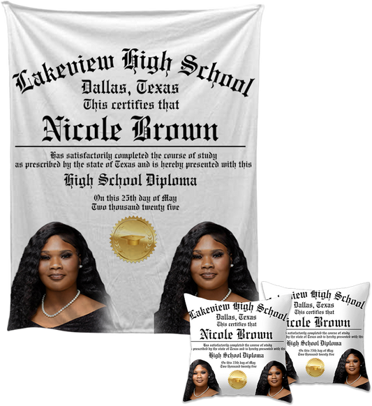 Custom Graduation Blanket & Pillow Bundle 🎓 | 50x60 Photo Throw Blanket + Diploma Pillow | Personalized Senior Gift Set