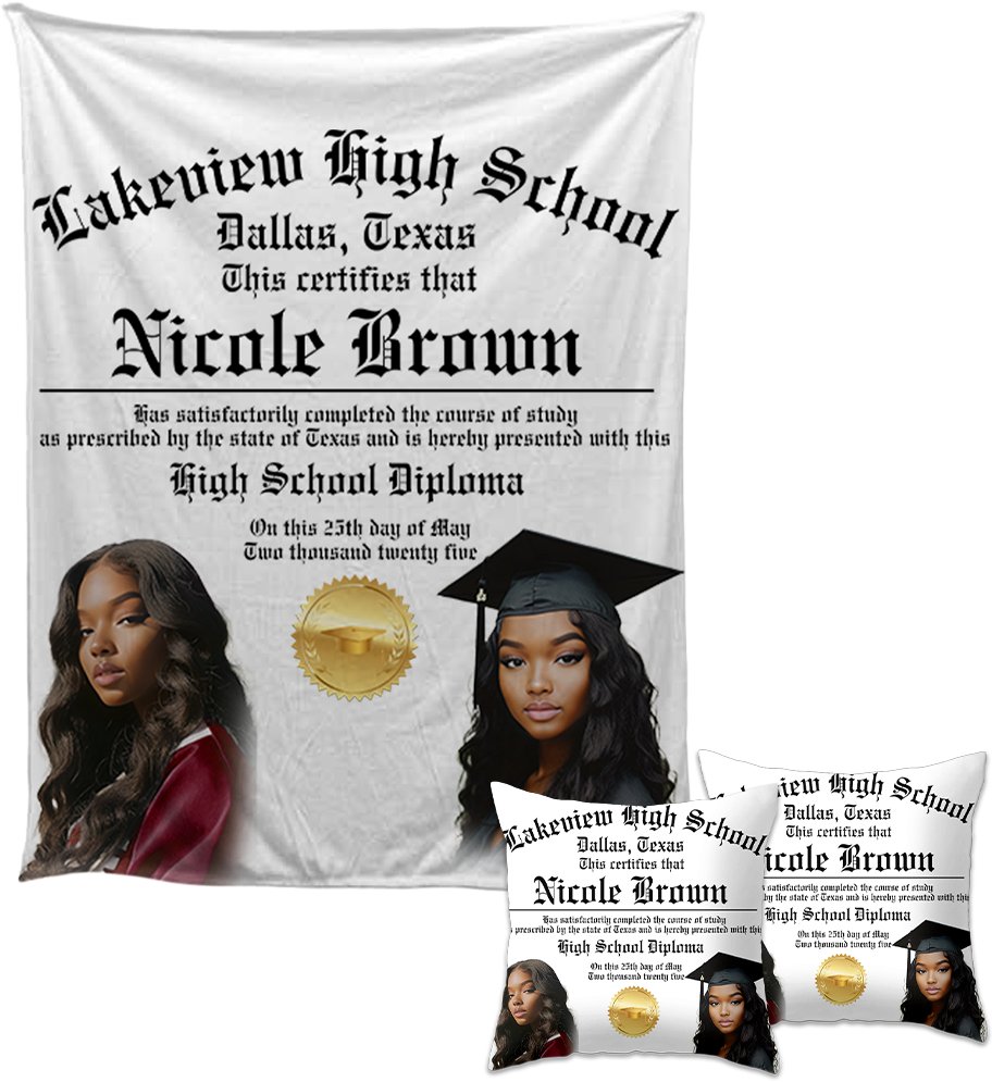 Custom Graduation Blanket & Pillow Bundle 🎓 | 50x60 Photo Throw Blanket + Diploma Pillow | Personalized Senior Gift Set