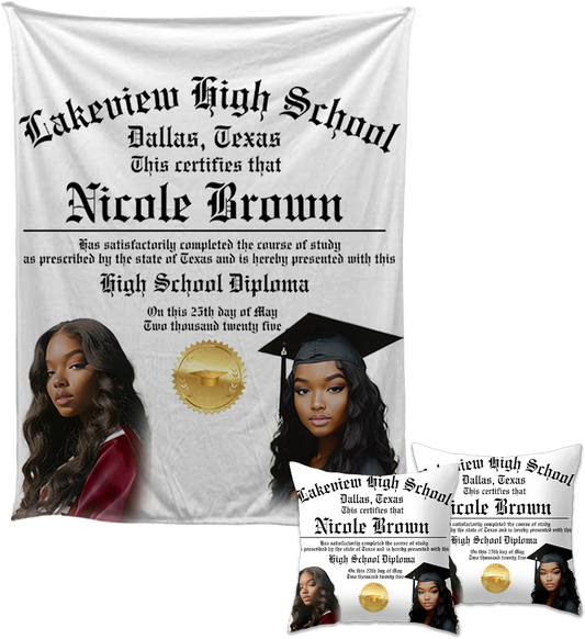 Custom Graduation Blanket & Pillow Bundle 🎓 | 50x60 Photo Throw Blanket + Diploma Pillow | Personalized Senior Gift Set